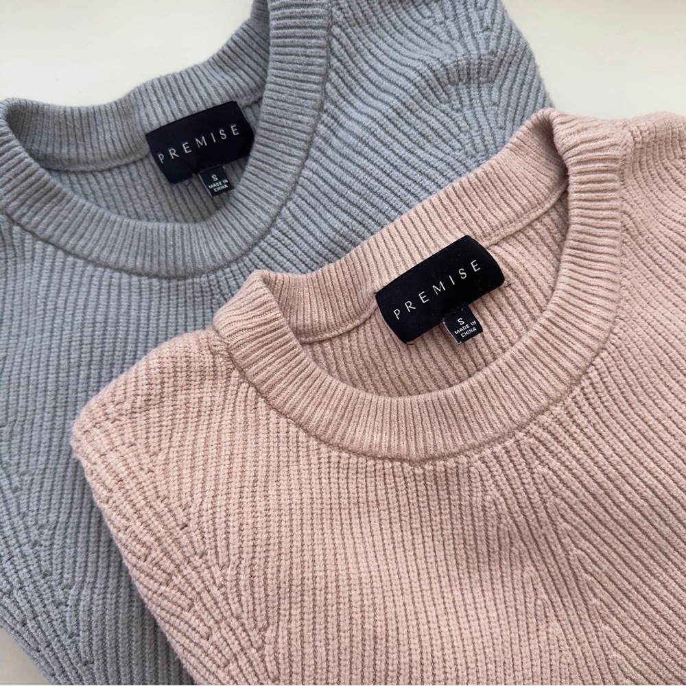 Premise Crew Neck Ribbed Pullover Crochet Sweater Set in Pale Blue/Blush Pink